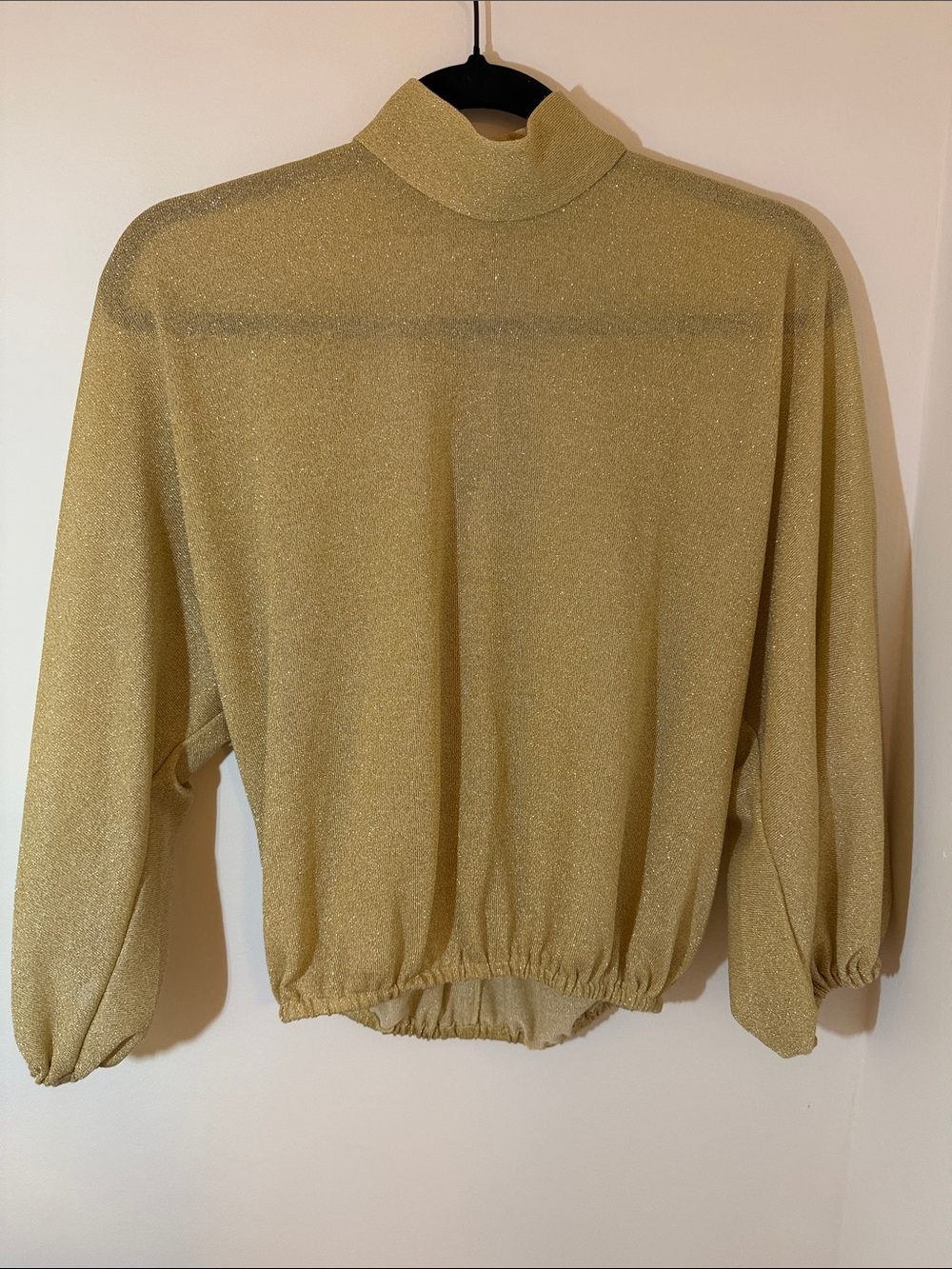 Shimmery Gold Mock-Neck Balloon Sleeve Blouse